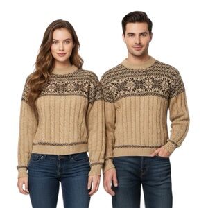 VTG Christopher Rand Fair Isle Cable Knit Sweater Tan Brown Snowflake Unisex S/M